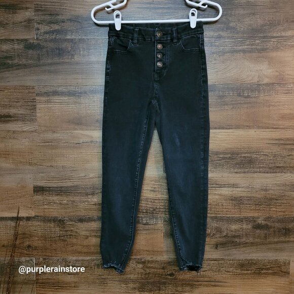 American Eagle Jeans 0 R Dream Jegging Curvy Hi Rise Crop Button Fly Black Wash - Picture 1 of 12